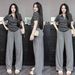 Women's Clothing Southeast Asian Women's Summer Casual Collar Set Striped Short Sleeve Solid Color Wide Leg Pants Loose Two-Piece Outfit_ecoleips.com