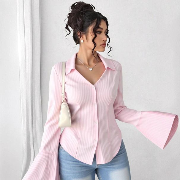 Women's Pink Ribbed Button Down Shirt, Flare Long Sleeve V Neck Fitted Blouse, Elegant Casual Office Workwear_ecoleips.com