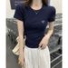 Women's Clothing Women's Slim Fit Straight Shoulder Base Top Round Neck Spicy Sweet Summer Bow Embroidery Student Top_ecoleips.com