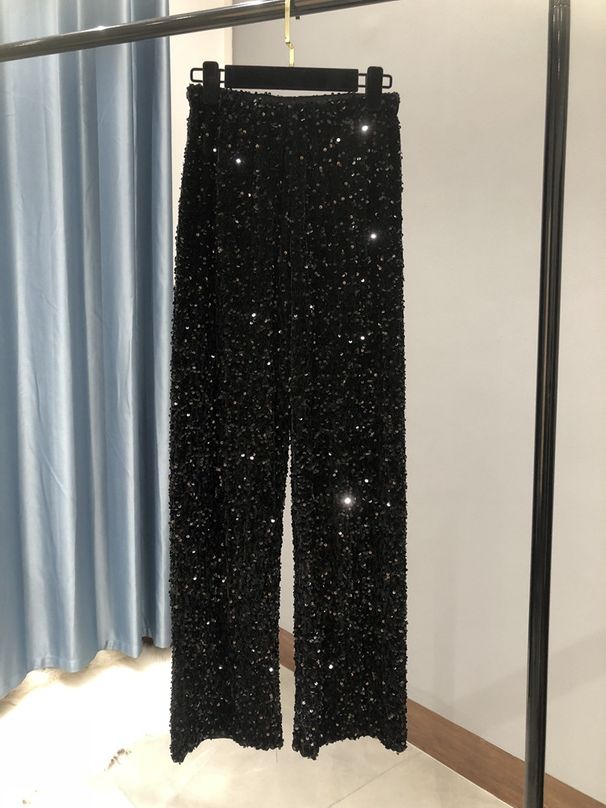 Glitter Velvet Wide Leg Pants - Korean Plush Fabric High Waist Flare Trousers With Sparkle, Extra Long Straight Cut For Women_ecoleips.com