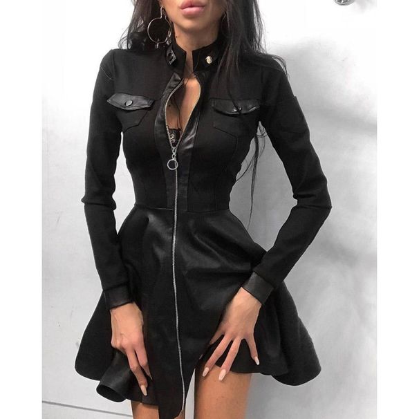 Women's Patchwork Waist Dress Autumn Winter Fashion PU Leather_ecoleips.com
