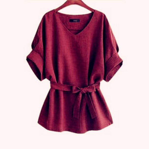 Women's Clothing Women's V Neck Linen Short Sleeved Shirt Bat Sleeve Large Size Loose Waist Cotton And Linen Top_ecoleips.com