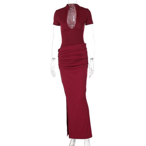 Women's Clothing Spring New Women's Sexy Deep V Short Sleeve Solid Color Hot Girl Style Pleated Long Dress_ecoleips.com