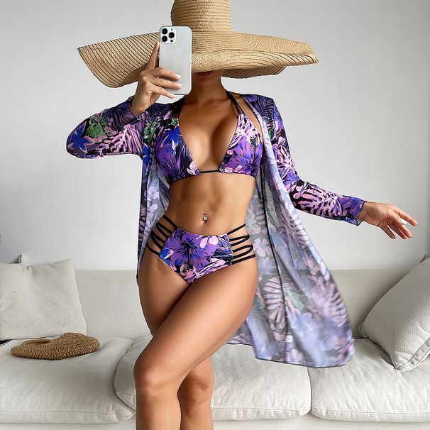 Women's Clothing Swimsuit Women's Split Three Piece Suit Internet Celebrity Long Sleeved Printed Bikini Ins Swimsuit_ecoleips.com