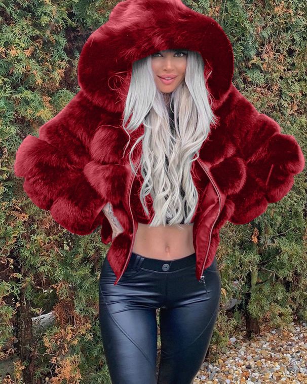 Elegant Hooded Faux Fur Coat – Solid-Color Vegan Wool Jacket For Women (S-5XL, Zipper Closure)_ecoleips.com