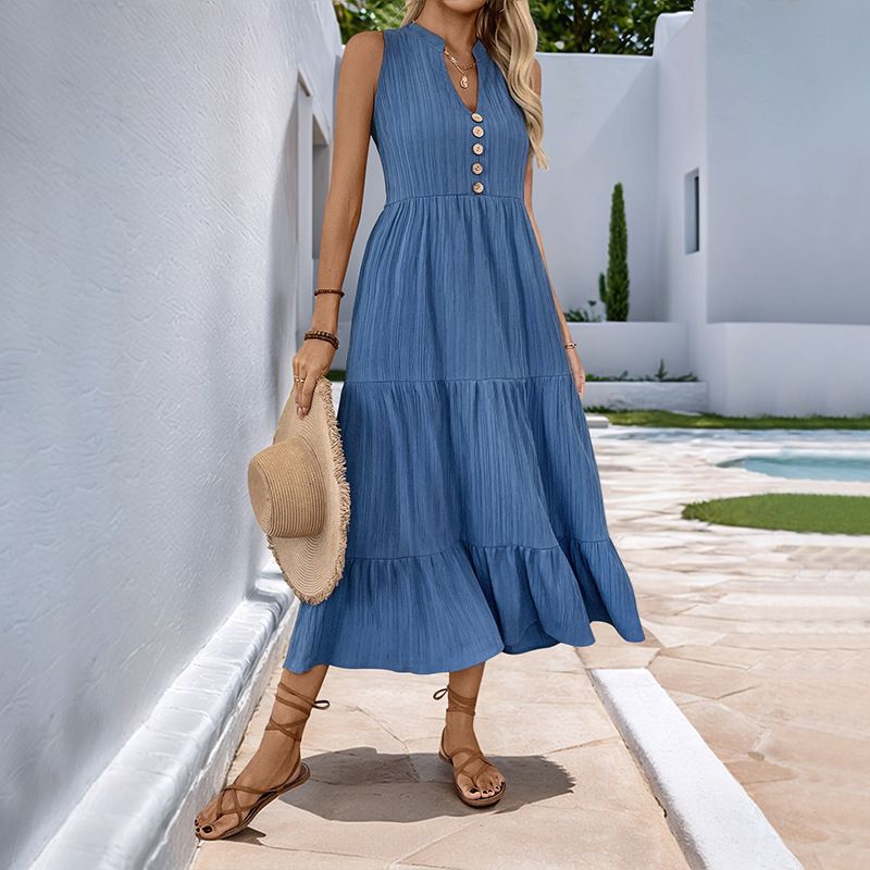 Women's Clothing Pleated Solid Color Stand Collar Sleeveless Dress_ecoleips.com
