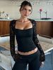 Hugcitar Women Fashion Square Collar Patchwork Lace Floral Print Long Sleeve Sexy Crop T-Shirt Sheer Summer Clothes Party Club_ecoleips.com