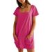 2026 Women's Square Neck Short Sleeve Fashion Short Skirt Pocket Casual Dress_ecoleips.com