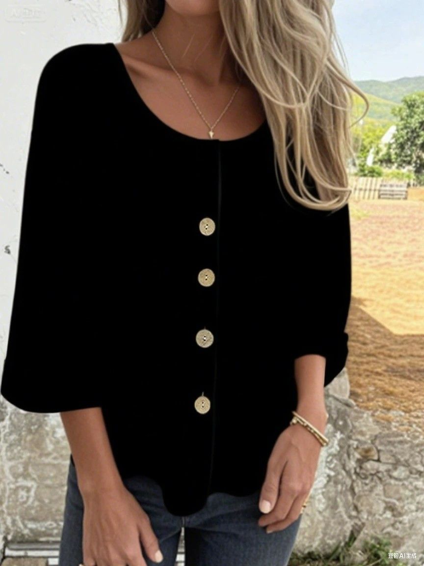 Women's Clothing Elegant Linen Blend Shirt Long Sleeve Round Neck Top Work Casual Breathable Cotton Linen Fabric Relaxed Fit With Patchwork Detail_ecoleips.com