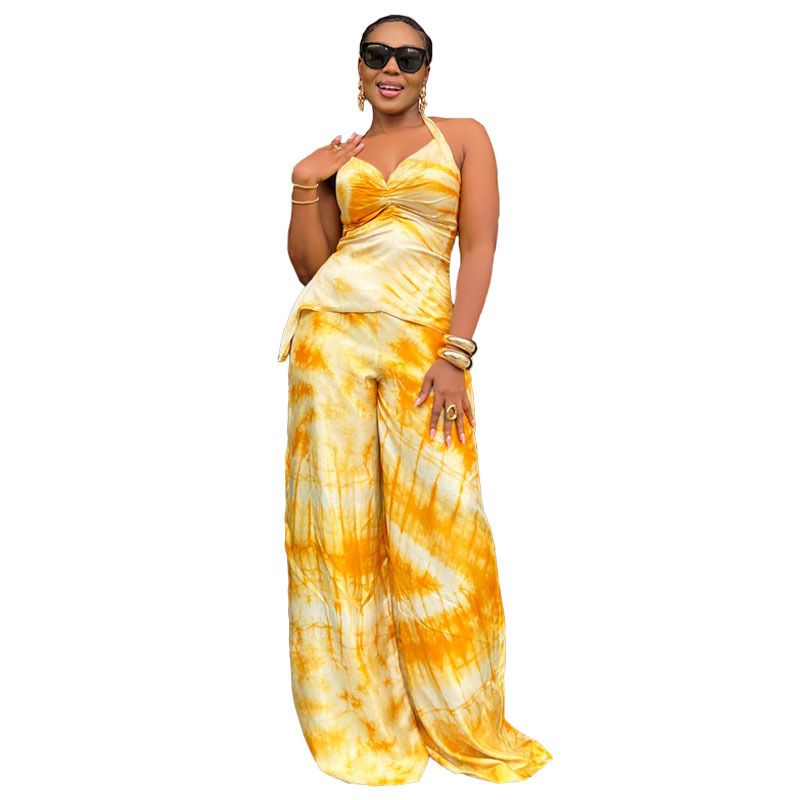 Women's Clothing Spring New Sexy Halter Neck Trousers Women's Fashion Tie Dye Print Suit_ecoleips.com