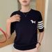 Summer 100% Cotton Women's T-shirt Casual Striped Knit Pullover Short Sleeved Loose Round Neck Tees Embroidered Luxury Brand Top_ecoleips.com