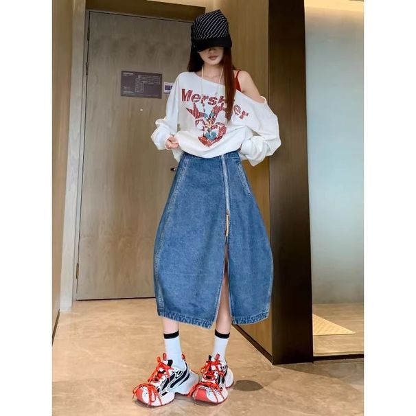 Vintagewashed Blue Denim Midi Skirt High-waisted Figure-flattering Loose Bubble Lantern Balloon Silhouette, Casual Street-style Mid-length Denim Skirt_ecoleips.com