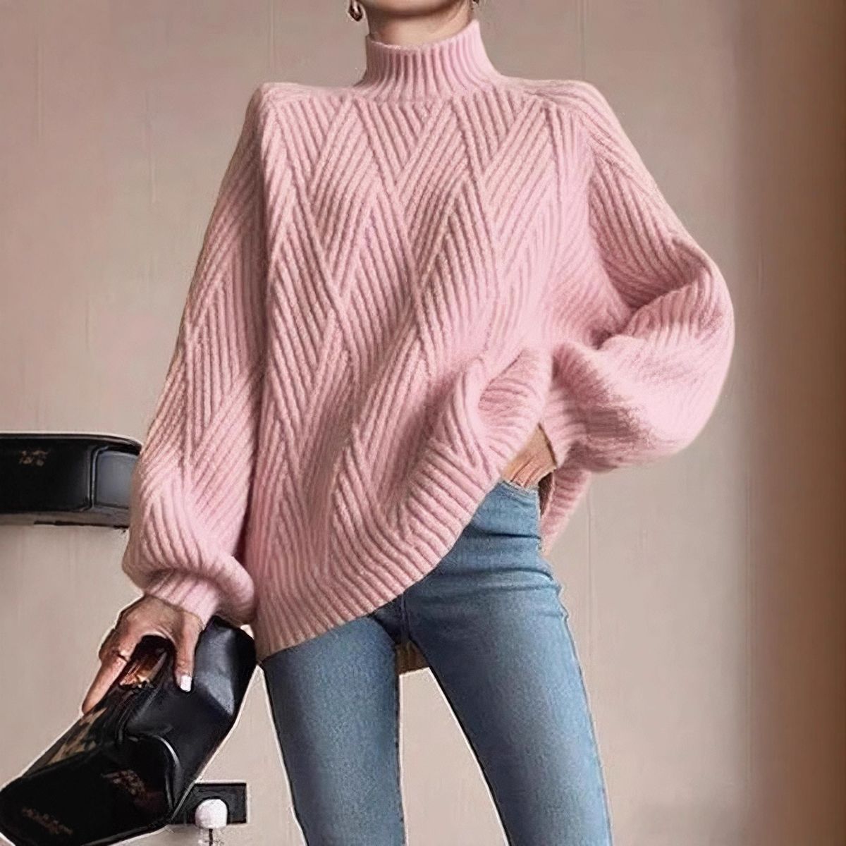 Trendy Diamond Crochet Knit Sweater - Women's Casual High Neck Pullover With Breathable Acrylic Blend (Red, Yellow, Dark Green, Purple, Teal, Gray)_ecoleips.com