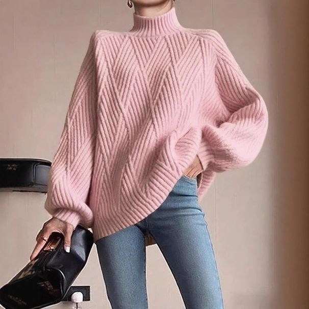 Trendy Diamond Crochet Knit Sweater - Women's Casual High Neck Pullover With Breathable Acrylic Blend (Red, Yellow, Dark Green, Purple, Teal, Gray)_ecoleips.com