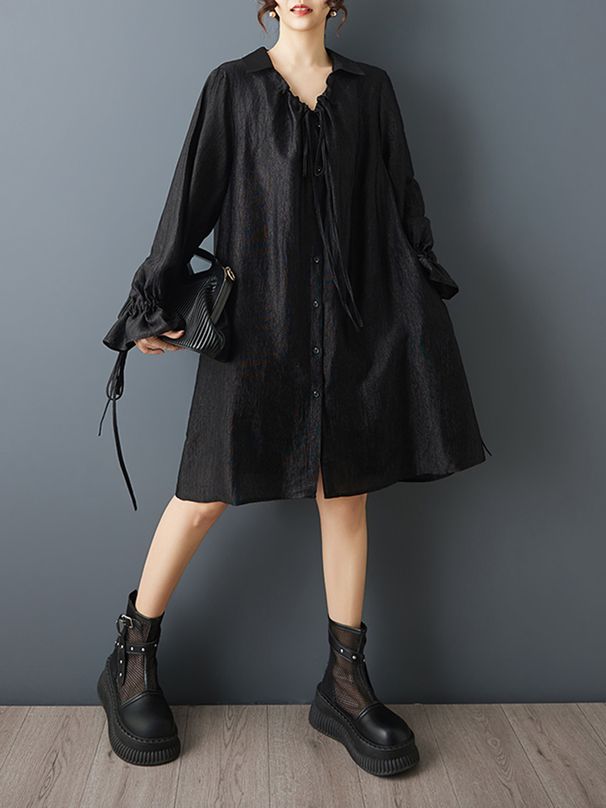 2026 Spring Summer New Oversized Vintage Dresses For Women Lace-Up Long Sleeve Loose Casual Shirt Dress Fashion Elegant Clothing_ecoleips.com