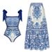 Women’s Clothing Swimsuit New Bow Tie Blue Ethnic Style Printed One Piece Swimsuit Suit_ecoleips.com