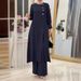 In Stock Muslim Women's Two-Piece Set Solid Color Side Slit Shirt Wide-Leg Pants Abaya Middle Eastern Style Long Robe_ecoleips.com