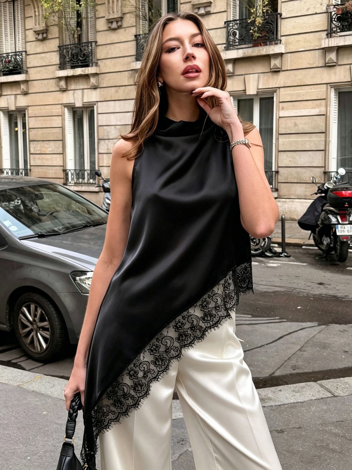 Women's Sleeveless Lace Trim Slim Fit Camisole Top Elegant Sexy Blouse for Summer_ecoleips.com