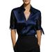 Satin V Neck Sheer Striped Shirt Tie up mid Length Sleeve Blouse for Women Elegant Fashion England Style Spring/Autumn Summer_ecoleips.com