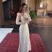 Women's Clothing Elegant Feminine Long-Sleeved Maxi Dress Summer Comfortable Fit: Designed Thin Lanon Dress_ecoleips.com