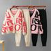 Women's Jacquard Knitted Three Piece Set Casual Loose Fit Cardigan And Pants Combo Lettered Design_ecoleips.com