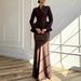 Elegant High-Waist Flowy Midi Dress With Long Sleeves – Women's Tailored Two-Piece Set For Autumn (Wine Red, Dark Brown, Black)_ecoleips.com