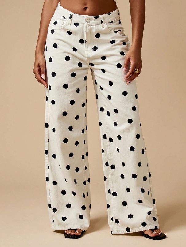 European And American Foreign Trade Cross-border Supply: Polka Loose Casual Mid-waist Non-stretch Denim Long Pants For_ecoleips.com
