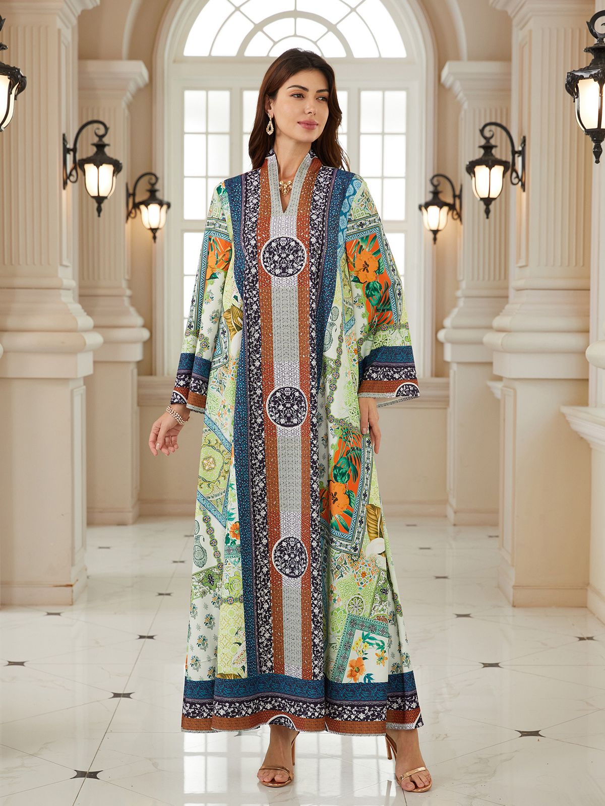 Fashion plus Size Printed Rhinestone Jalabiya Casual Ethnic Pullover Dress Women's Clothing Muslim Fashion_ecoleips.com