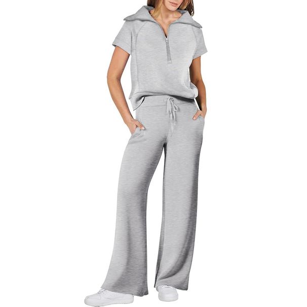 European American Foreign Trade 2024 Spring-summer Casual Sports Set: Zip-up Short-sleeve Sweatshirt And Wide-leg_ecoleips.com