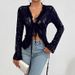 Women's Long Sleeve Lace Blouse, Deep V Neck Ruffled Sheer Mesh Top With Front Tie, Elegant Slim Fit Floral Lace Shirt For Daily Casual Club Party Nig_ecoleips.com