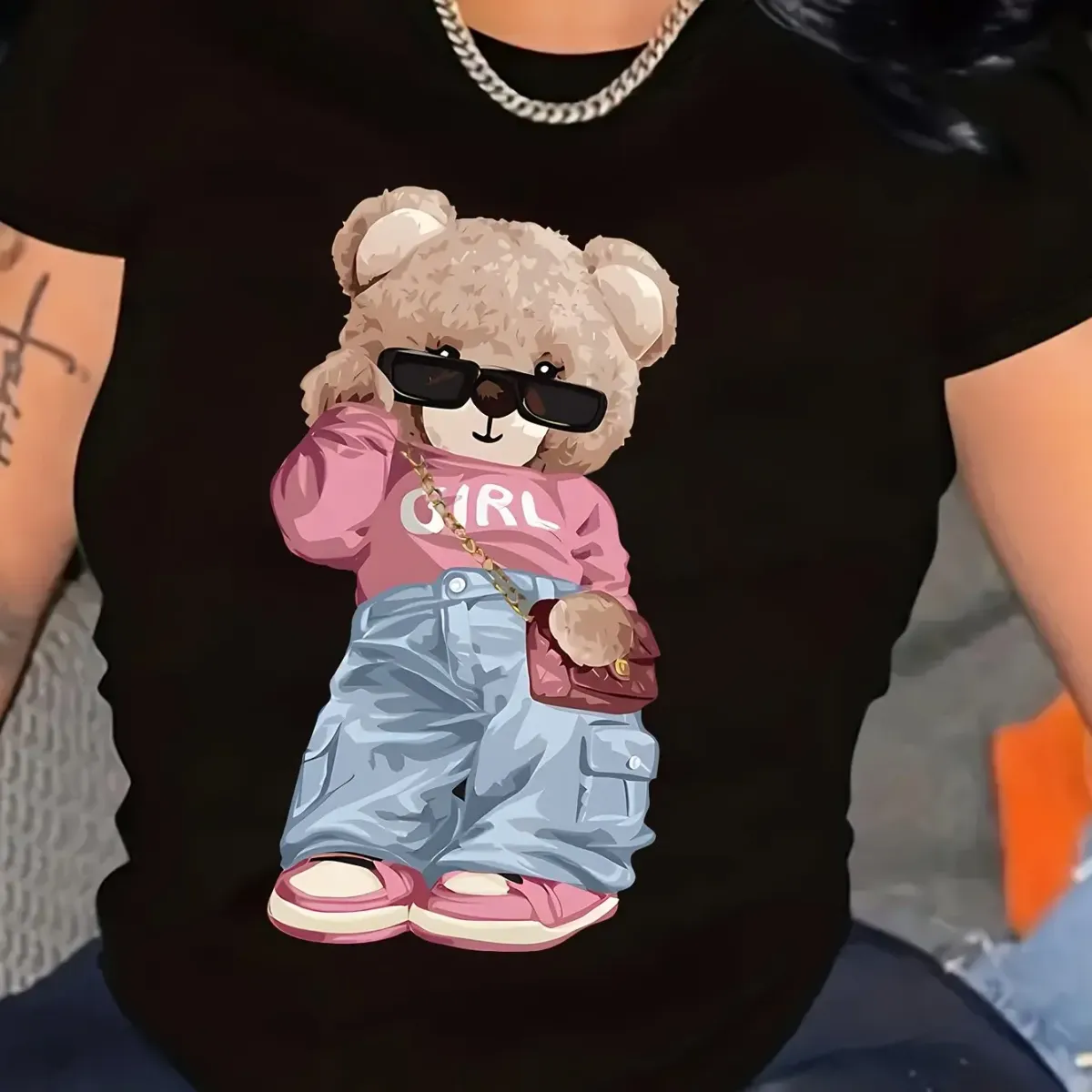 Cute Bear Print T-shirt Short Sleeve Crew Neck Casual Top For Summer & Spring Women's Clothing T Shirt Female Tops Streetwear_ecoleips.com