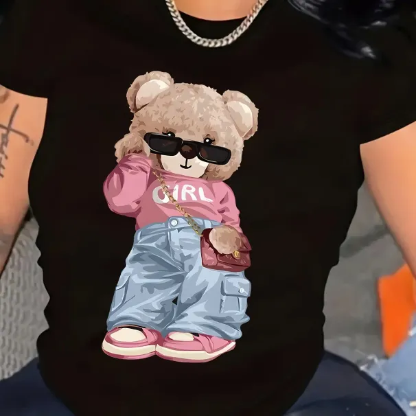 Cute Bear Print T-shirt Short Sleeve Crew Neck Casual Top For Summer & Spring Women's Clothing T Shirt Female Tops Streetwear_ecoleips.com