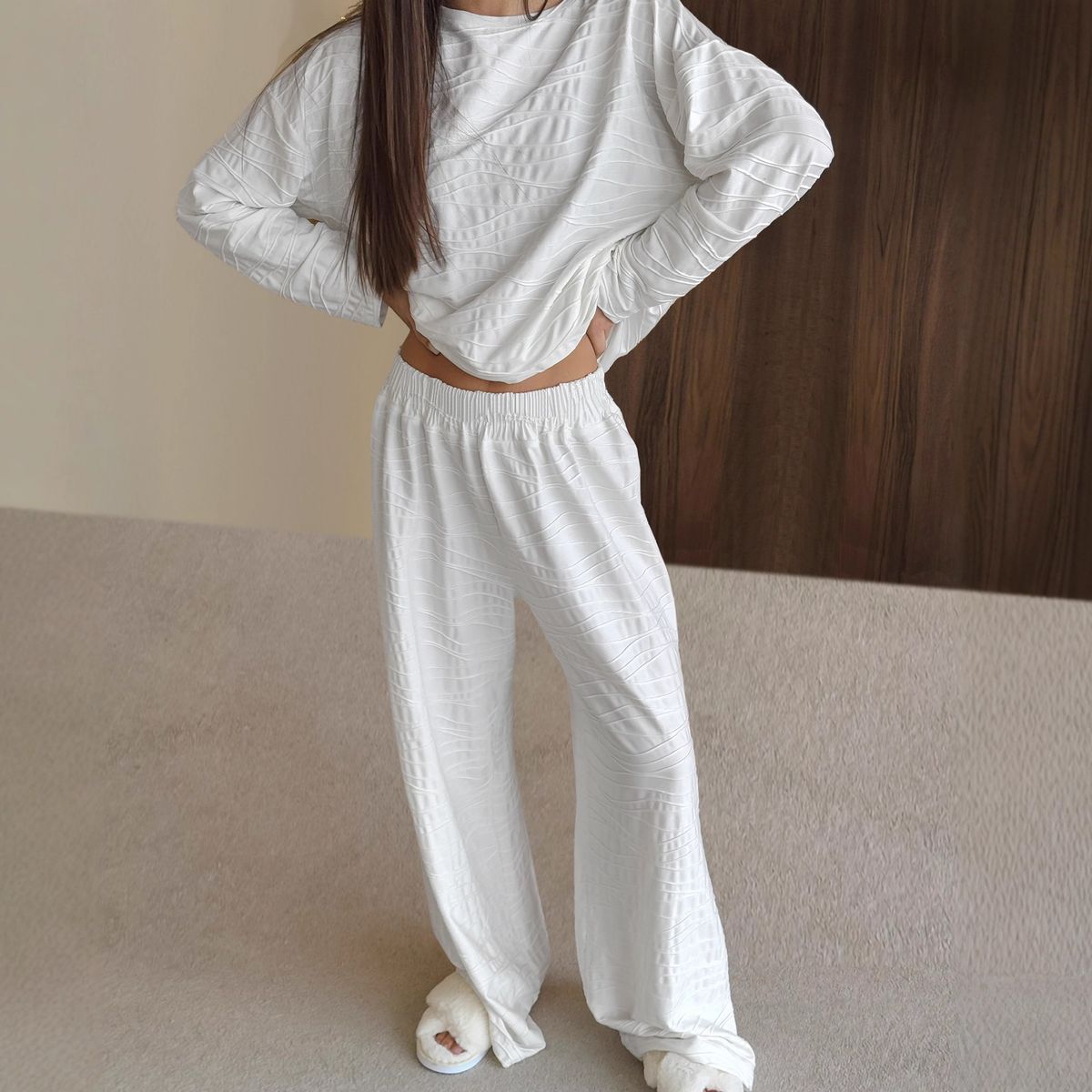 Knitted New European And American Style Sleeve Long Pants Loose Comfortable Wearable Pajama Set Autumn Women's_ecoleips.com