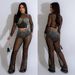 Elegant Mesh & Rhinestone Women's Two-Piece Set | Long Sleeve Top + Wide Leg Pants | Solid Color Stretch Knit (S-XXL) | Korean Fabric_ecoleips.com