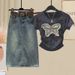 Women's Clothing Summer Tie Dye Denim Butterfly Embroidered Short Sleeves With Retro Denim Midi Skirt_ecoleips.com