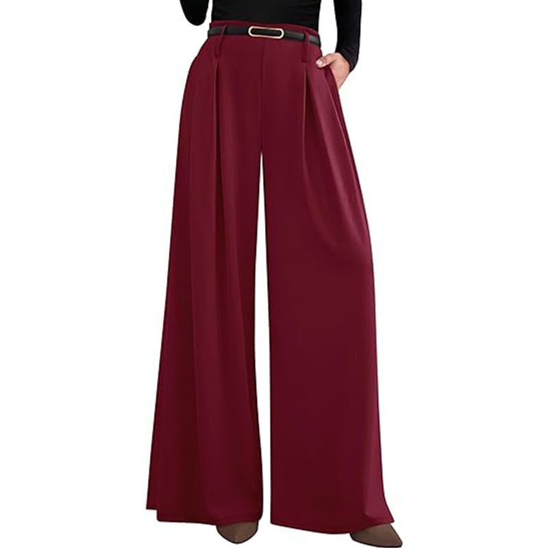 High-Waisted Wide Leg Dress Pants - Flowy Polyester Office Trousers With Pockets For Women (Black/Grey/Beige/Caramel/Pink/Navy, S-XXL)_ecoleips.com