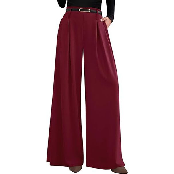 High-Waisted Wide Leg Dress Pants - Flowy Polyester Office Trousers With Pockets For Women (Black/Grey/Beige/Caramel/Pink/Navy, S-XXL)_ecoleips.com
