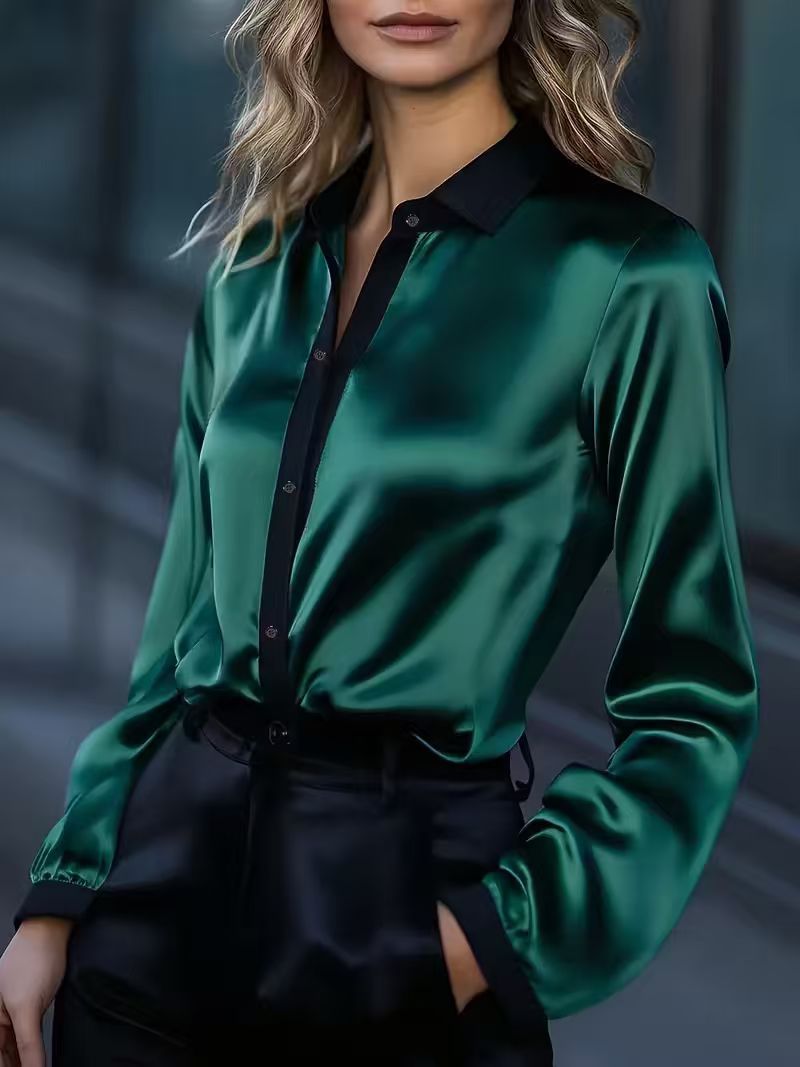 Women's Elegant Satin Long Sleeve Blouse With Color Block Design - Office Casual Chic Shirt For Work & Everyday Wear_ecoleips.com