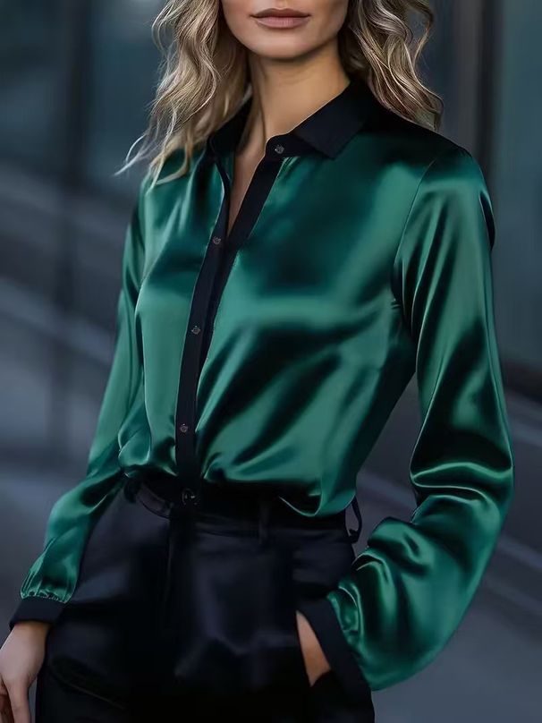 Women's Elegant Satin Long Sleeve Blouse With Color Block Design - Office Casual Chic Shirt For Work & Everyday Wear_ecoleips.com