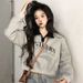 Autumn Fleece-lined Sweatshirt With Letter Print, New Women's Pullover POLO, Slim-fit, Short Style, Color-blocking,_ecoleips.com