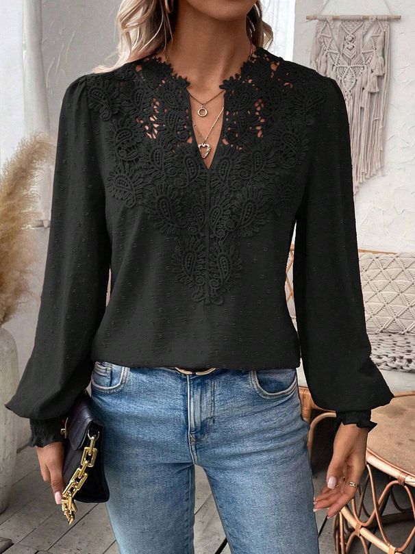 Women's Autumn V Neck Lace Trimmed Solid Color Shirt_ecoleips.com
