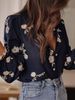 Women's Navy Blue Floral Embroidery Blouse, Long Puff Sleeve V Neck Button Down Shirt, Casual Loose Fit Boho Top For Daily Wear Streetwear, Elegant Re_ecoleips.com