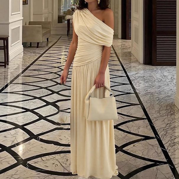 Summer Fashion Sexy Asymmetrical Neck Pleated Irregular Solid Color Dress for European And American Women Wholesale_ecoleips.com