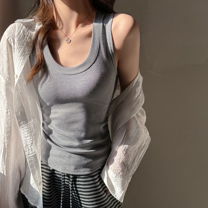 Women's Ribbed Cotton Sleeveless Camisole Pleated Waist Cinching U Neck Top Can Be Worn as an Inner Or Outer Layer_ecoleips.com