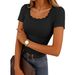 Ribbed Knit Square Neck T-Shirt – Lace Trim Casual Top For Women, Soft & Breathable (S-Xxl, 8 Colors)_ecoleips.com