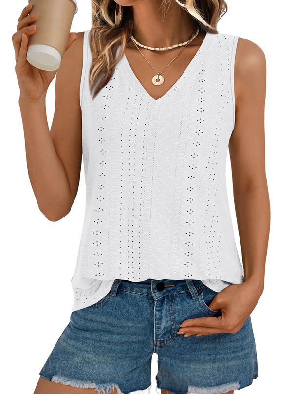 2024 Cross-Border European And American Spring/Summer New V-Neck Sleeveless Eyelet Jacquard Top Casual Vest For_ecoleips.com