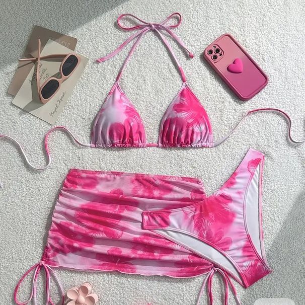 Rose Pink Gradient Floral Print Halter Neck Three Piece Women's Bikini Set Triangle Cups Drawstring Swimwear_ecoleips.com