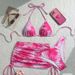 Rose Pink Gradient Floral Print Halter Neck Three Piece Women's Bikini Set Triangle Cups Drawstring Swimwear_ecoleips.com