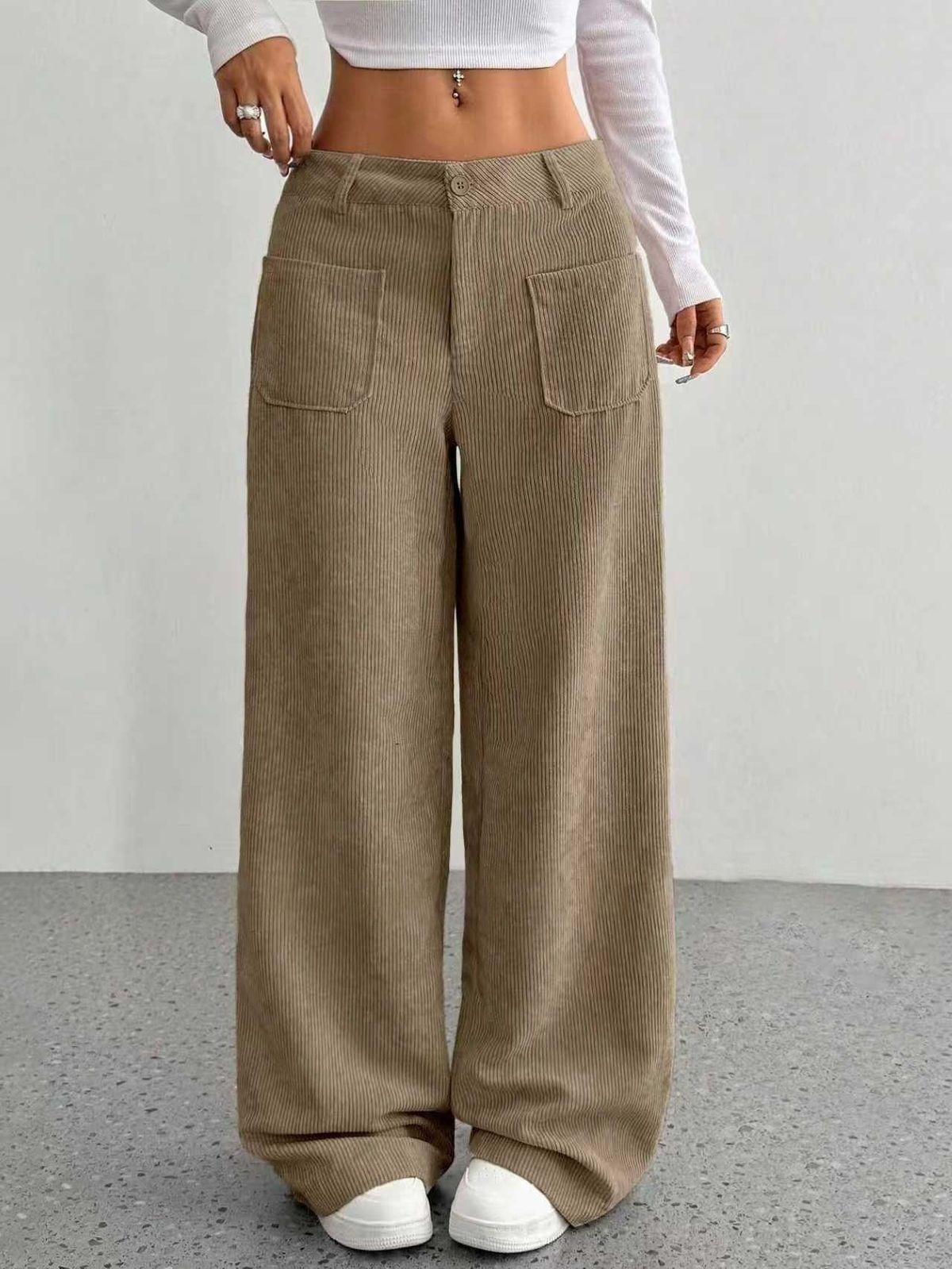 Plus Size Corduroy High-Waisted Wide-Leg Pants For Women - Fall & Winter Oversized Palazzo Trousers With Multiple Pockets (S-XXL)_ecoleips.com