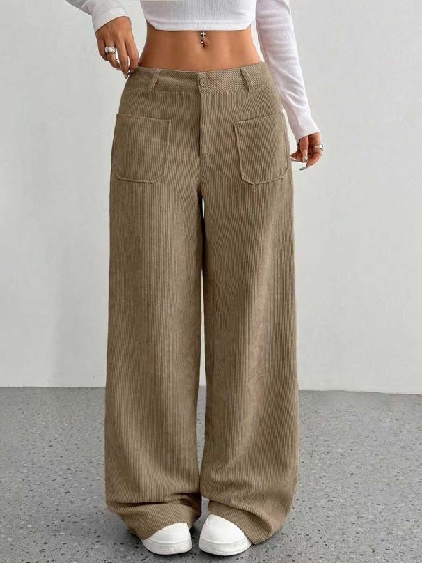 Plus Size Corduroy High-Waisted Wide-Leg Pants For Women - Fall & Winter Oversized Palazzo Trousers With Multiple Pockets (S-XXL)_ecoleips.com